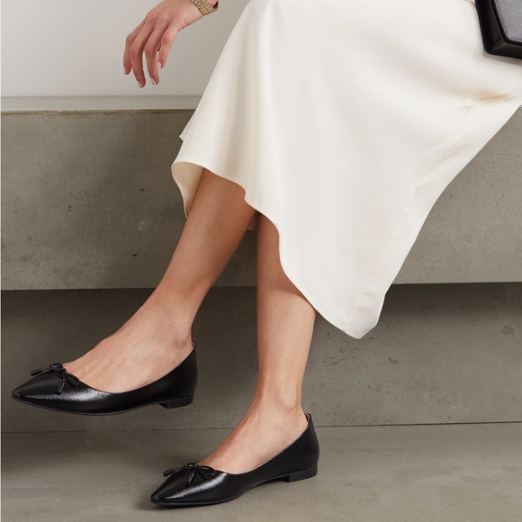 Prada Saffiano Leather Bow Logo Black Pointed Toe Flats - Picture 2 of 14